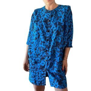 Vintage 1980s Dawn Joy Womens Blue Black Floral Bat Wing Mini Retro Dress Sz M